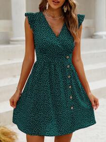 SHEIN LUNE Chấm bi In Cổ chữ V Chi tiết Nút Ruffle Cắt tỉa Đầm - Màu xanh lá cây đậm - Xem 3