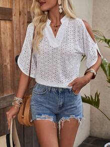 Breezaya 女性實色中空刺繡露肩凸顯領口襯衫 - 白色 - 查看 4