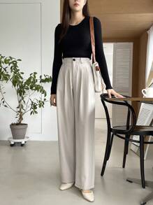 DAZY Casual Plain Color Wide-Leg Pants,Women Dress Pants - Khaki - View 3