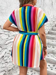 SHEIN Holidaya Plus Size Sọc đầy màu sắc & Váy thắt lưng tay cánh dơi in màu va chạm - Nhiều màu - Xem 4