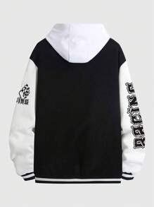 ROMWE MEN Prep Men Letter Graphic Two Tone Varsity Jacket Without Hoodie - Black and White - View 2