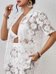 SHEIN Swim 女性花卉網紗短袖和服外套 - 白色 - 查看 5