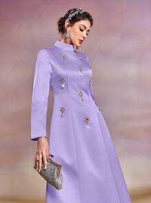 Modelyn Của phụ nữ Đứng cổ áo Ả Rập Phong cách Đầm Với Đồ trang trí Rhinestone - Màu tím hoa cà - Xem 4