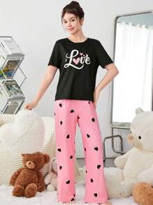 SHEIN Teen Girls' Letter Print T-Shirt & Heart Patterned Long Pants Pajama Set - Pink - View 3