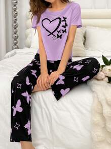 Women's Heart & Butterfly Print Short Sleeve Round Neck Top And Long Pants Pajamas Set - Purple - View 4