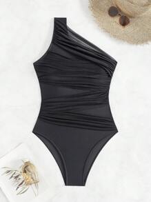 SHEIN Swim Summer Beach Women's Fashionable Ruffled Asymmetrical Shoulder One-Piece Swimsuit