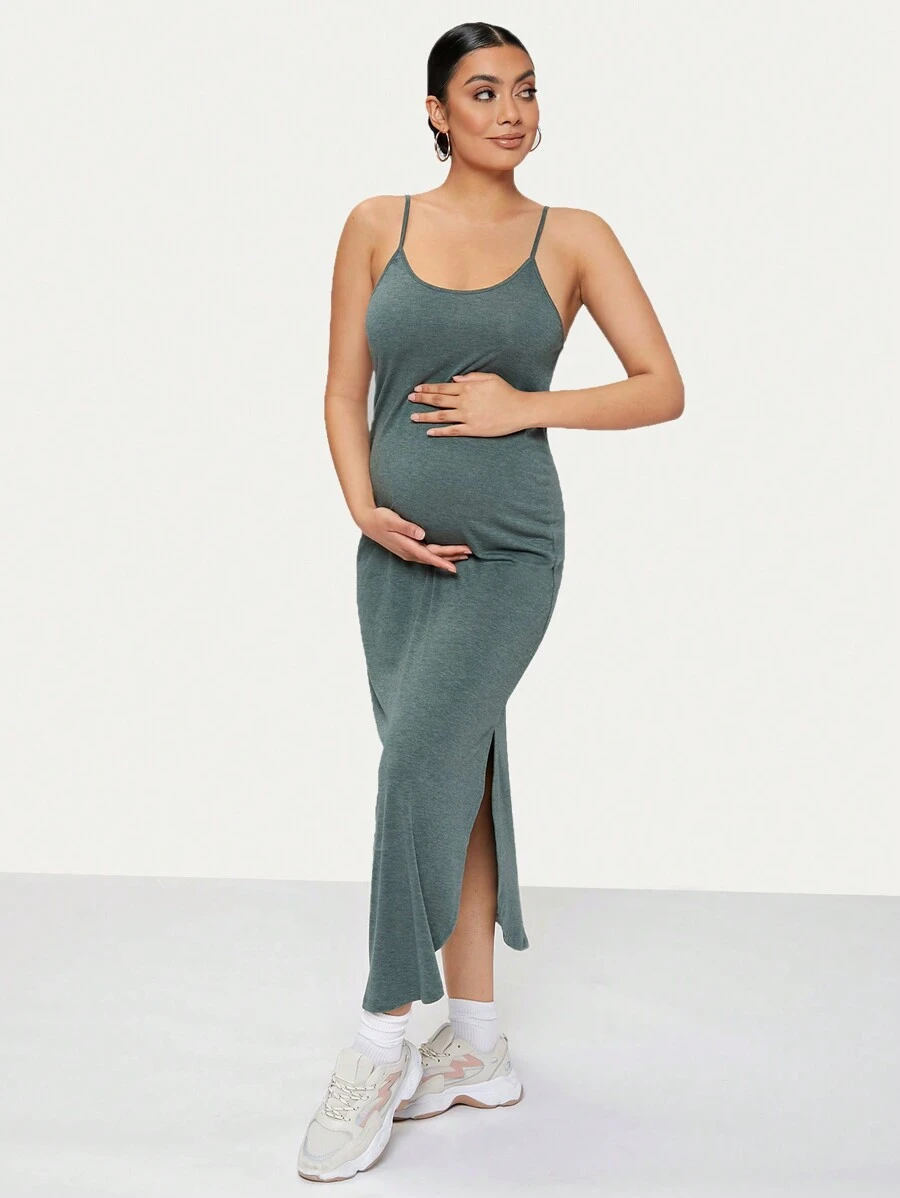 SHEIN Maternity Curved Hem Solid Dress - Dark Green - View 1