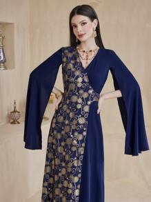 Al Najma Ladies' Arabic Style Dress With Split Sleeves And Golden Printed Design