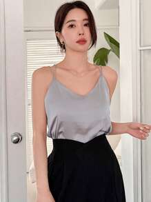 DAZY Solid Color V-Neck Casual Double Shoulder Strap Camisole - Dusty Blue - View 2