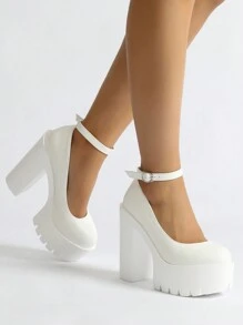 Round Toe Chunky Heeled Ankle Strap Pumps, Stylish White Solid Color Ankle Strap Women's High Heel Shoes - White - View 4