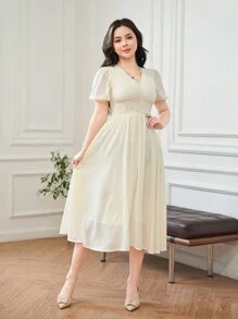 DAZY Đầm suông thường ngày cổ chữ V tay bồng thắt eo - Màu be - Xem 5