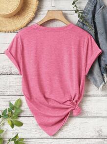SHEIN LUNE Camiseta de manga corta con estampado de corazón y eslogan "Sé real, no perfecto" para mujer - Rosa Fucsia - Ver 2