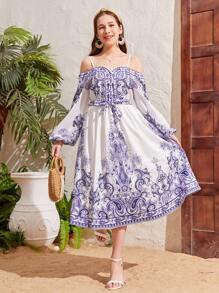SHEIN Teen Girl Elegant Lantern Sleeve V-Neck Wrap Belted Guava Printed Dress - Blue - View 5