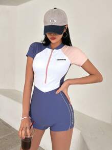 DAZY Ladies' One-Piece Short-Sleeved Colorblock Sports Swimming Suit For Summer, Beach, Swimming, Vacation - Multicolor - View 1