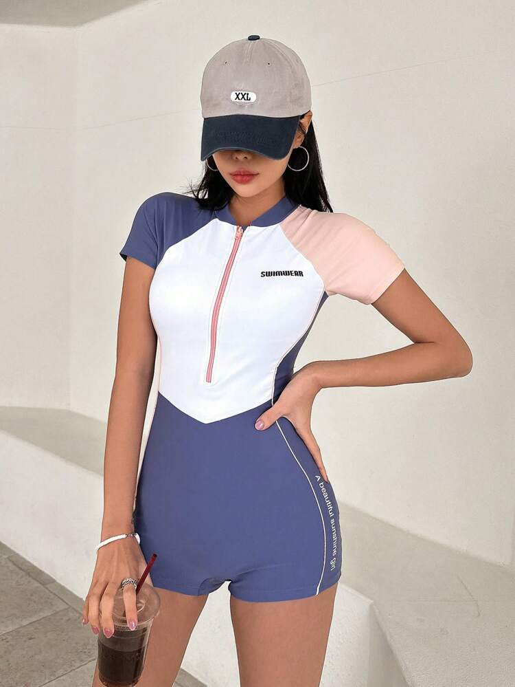 Ladies' One-Piece Short-Sleeved Colorblock Sports Swimming Suit For Summer, Beach, Swimming, Vacation