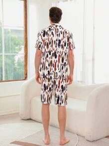 Men's Feather Pattern Printed Short Sleeve And Shorts Homewear Set - Black and White - View 2