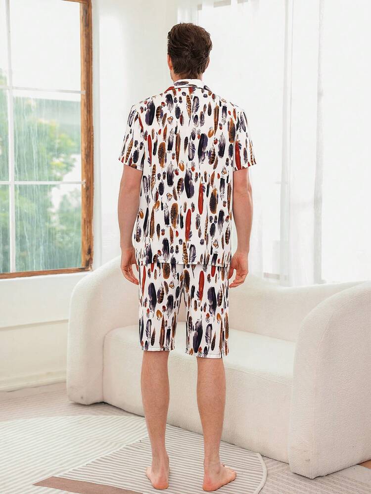Men's Feather Pattern Printed Short Sleeve And Shorts Homewear Set