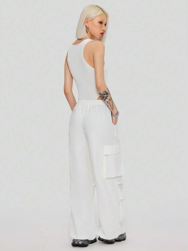 Ladies' Solid Color Bodycon Bodysuit And Cargo Pants 2pcs/Set