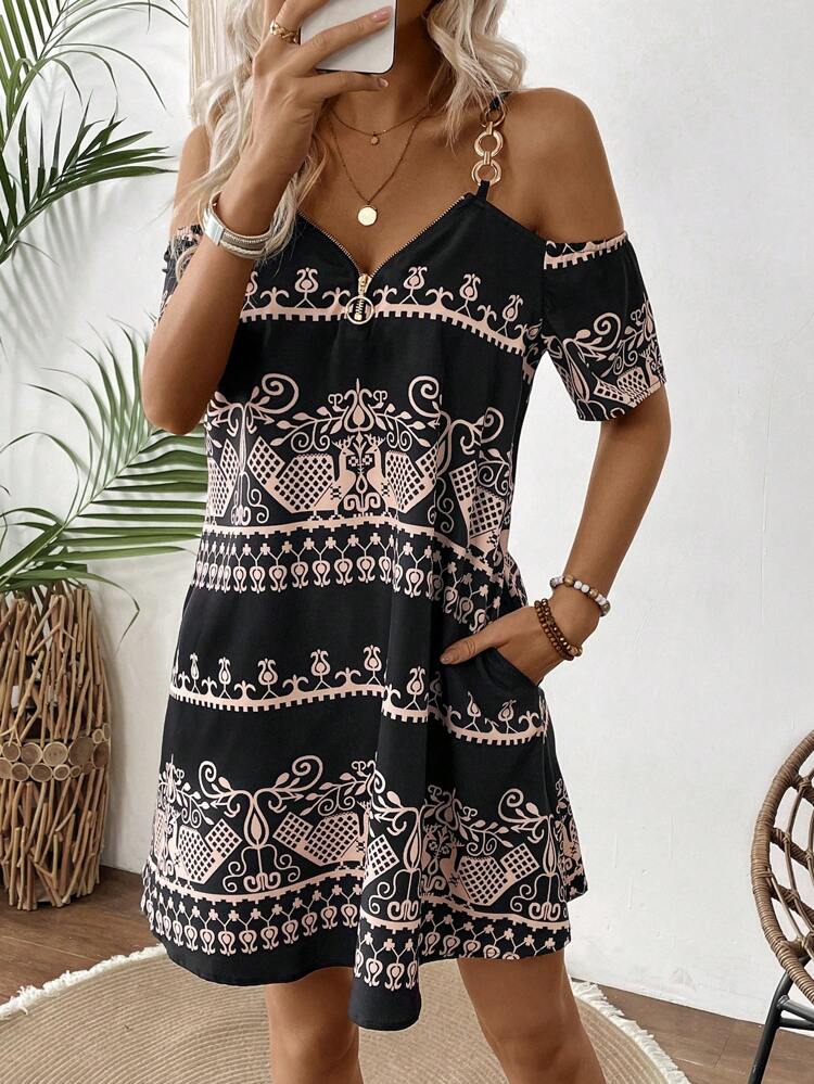 Women's Open Shoulder Short Sleeve Dress With Floral Print