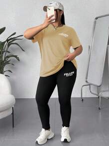 CovetEZ Plus Size Alphabet Printed T-Shirt And Leggings Set - Apricot - View 5