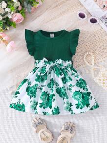 Baby Girl Short Flutter Sleeve Dress With Ribbed Collar And Floral Print Panel - Dark Green - View 1