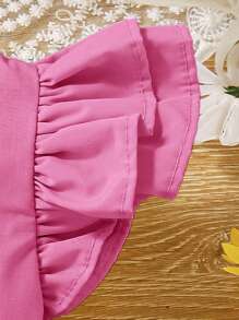 SHEIN Baby Girl Casual Knitted Ruffled Edge Solid Color Sleeveless Top With Waist Belt - Pink - View 3
