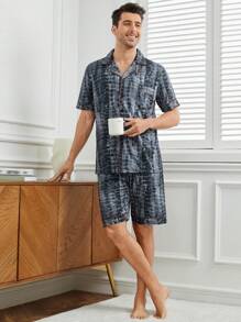 Conjunto De Camisa De Manga Corta Y Pantalones Cortos Para Hombre Con Estampado De Teñido Anudado, Ideal Para Usar En Casa
