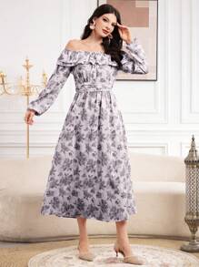 Modelyn Women's Printed Off Shoulder Dress Long Evening Dresses Fall Cloth For Women - Grey - View 6