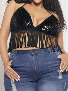 SHEIN CURVE+ Kích thước lớn Của phụ nữ Lấp lánh Viền tua Hem Áo hai dây Đối với Câu lạc bộ & Lễ hội - màu đen - Xem 1