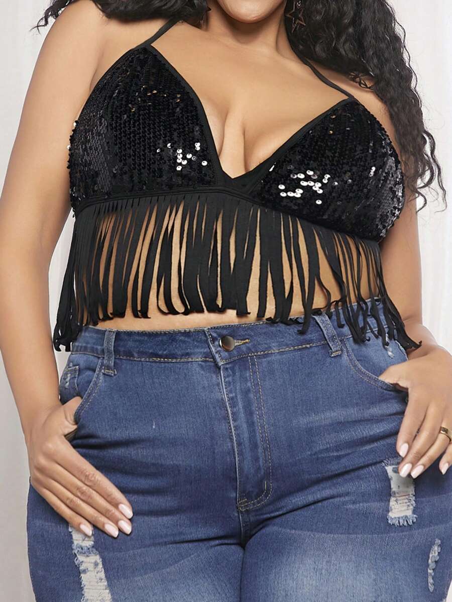 SHEIN CURVE+ Kích thước lớn Của phụ nữ Lấp lánh Viền tua Hem Áo hai dây Đối với Câu lạc bộ & Lễ hội - màu đen - Xem 1