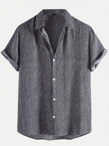 ROMWE MEN Prep Men Striped Curved Hem Shirt, School - Black and White - View 1