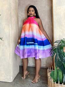 Slaydiva A 字大尺碼女式拼色掛脖花卉印花連身裙 - 彩色 - 查看 2