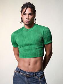 FeverCity Nam Màu thuần Textured Thon gọn Ngắn tay Áo thun - màu xanh lá - Xem 4