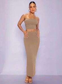SHEIN BAE 女士純色束身上衣和裙子套裝,帶皺摺設計 - 卡其色 - 查看 5