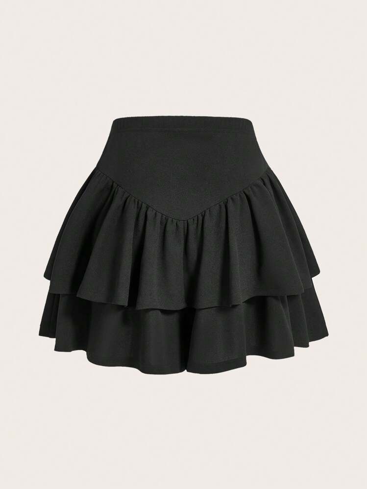 SHEIN EZwear Plus Size Solid Color Elastic Waist Ruffle Trim Skort - Black - View 2