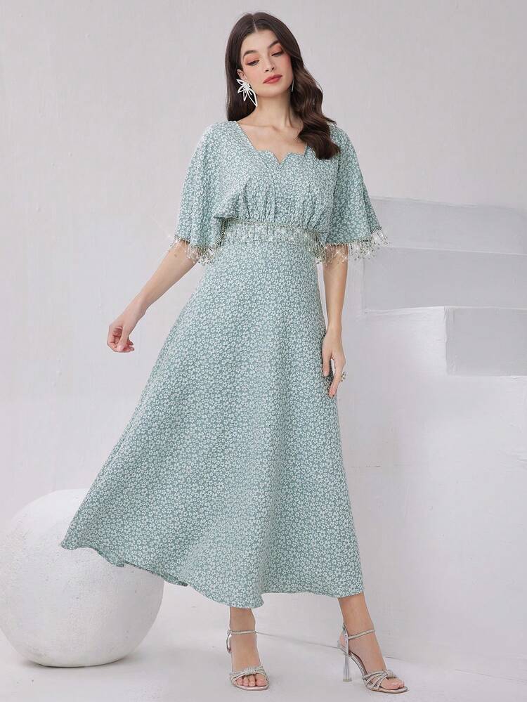 Women's Floral Print Dress With Rhinestone & Tassel Decoration Long Evening Dresses