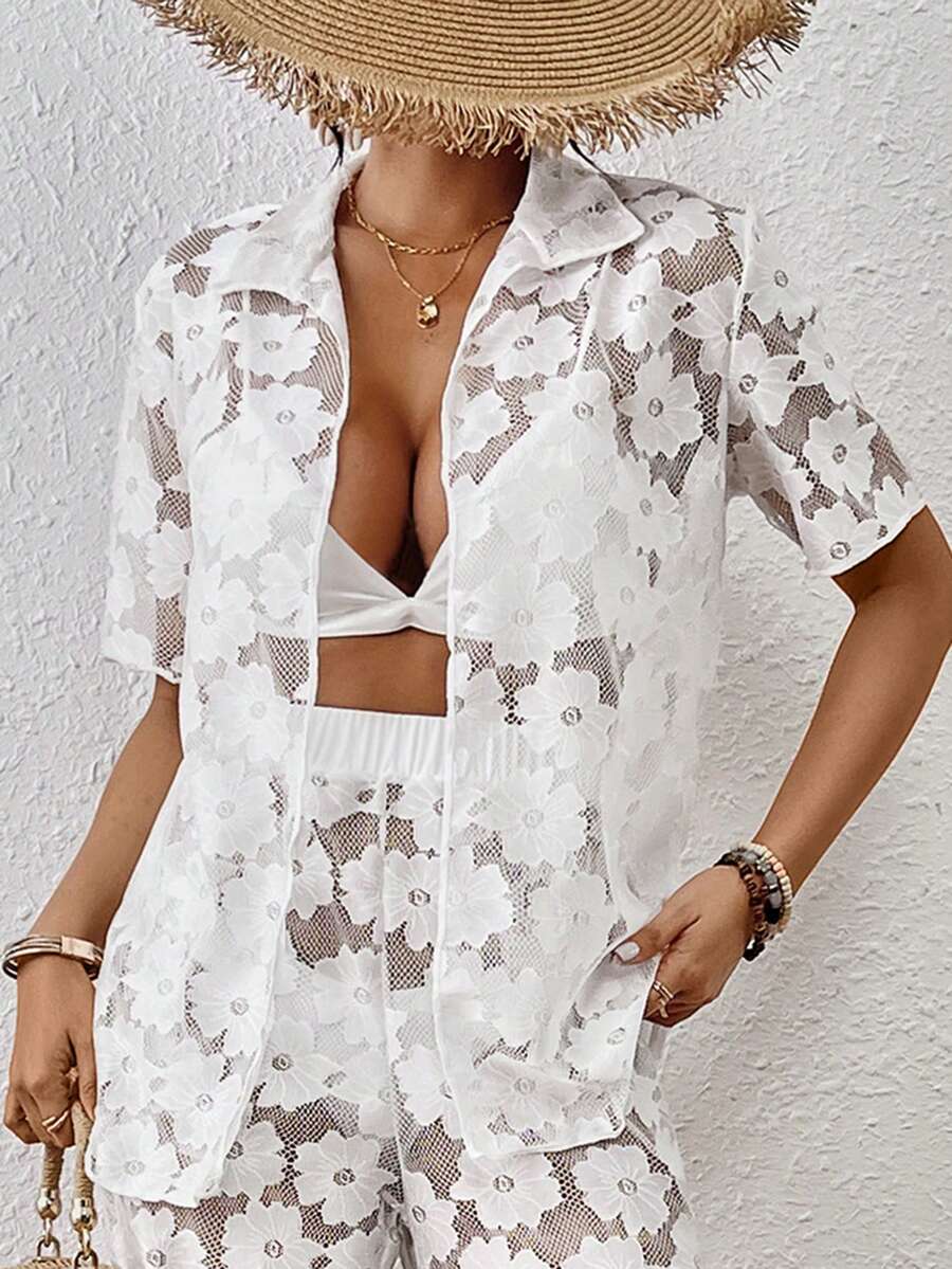 SHEIN Swim 女性花卉網紗短袖和服外套 - 白色 - 查看 1