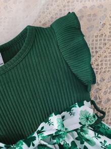 Baby Girl Short Flutter Sleeve Dress With Ribbed Collar And Floral Print Panel - Dark Green - View 5