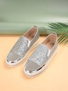 Zapatos Planos Para Mujeres Sin Cordones De Moda Con Diamantes Decorativos, Talla 43, Blancos - Plateado - Ver 5