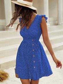 Breezaya 女士时尚蓝色圆点短袖 V 领摆裙度假海滩装 - 藍色 - 查看 4