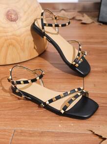 女式防滑方頭平底涼鞋,優雅黑色夏季平底涼鞋 - 黑色 - 查看 3