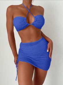 SHEIN Swim Conjunto de bikini de textura en unicolor con cuello halter y traje de baño separado, para el verano en la playa