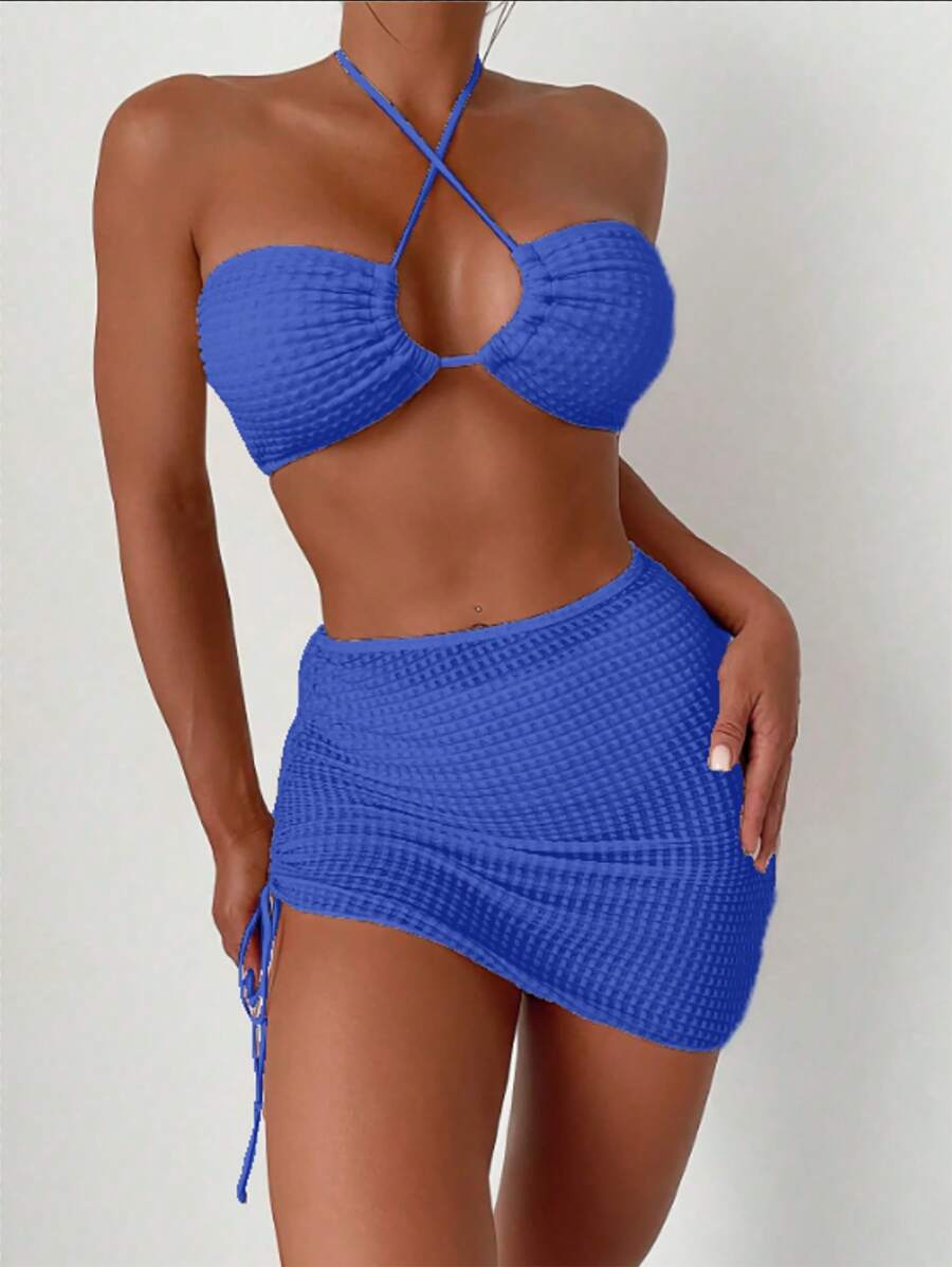 SHEIN Swim Conjunto de bikini de textura en unicolor con cuello halter y traje de baño separado, para el verano en la playa