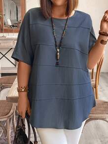 EMERY ROSE Women's Plus Size Simple Solid Color Short Sleeve Round Neck Blouse - Blue - View 1