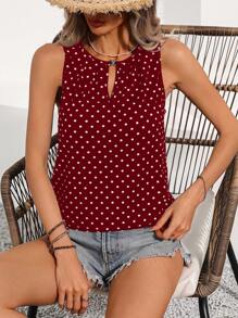 SHEIN LUNE Ladies' Polka Dot Camisole Top With Keyhole Neckline - Red - View 1