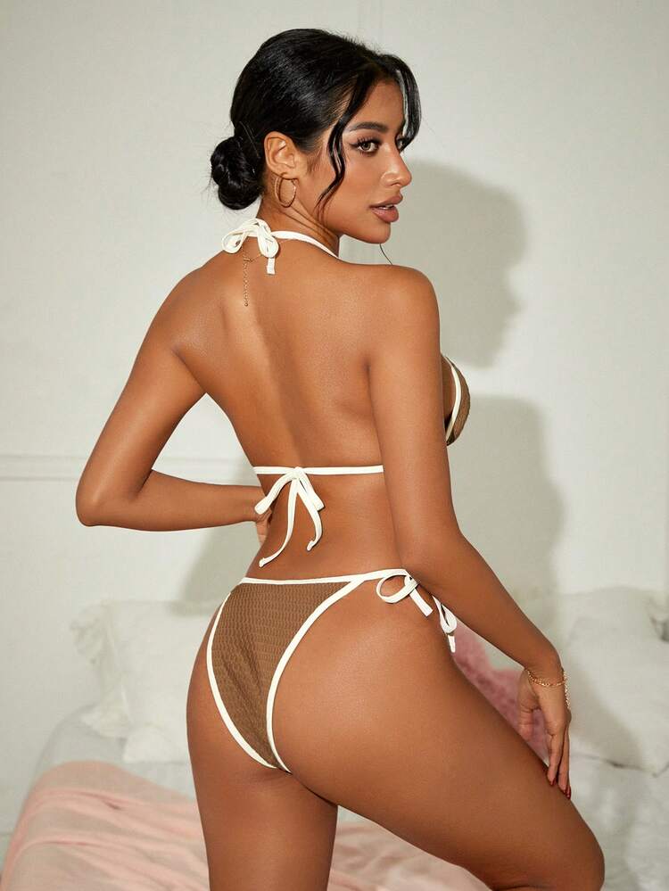 Ladies' Color Block Halter Strap Bikini Set, String Bikini Set Swimwear Bathing Suit Beach Outfit Summer Vacation Summer Beach