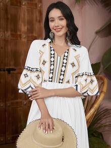 Mulvari Women's Geometric Printed Notched Neckline Dress - White - View 7