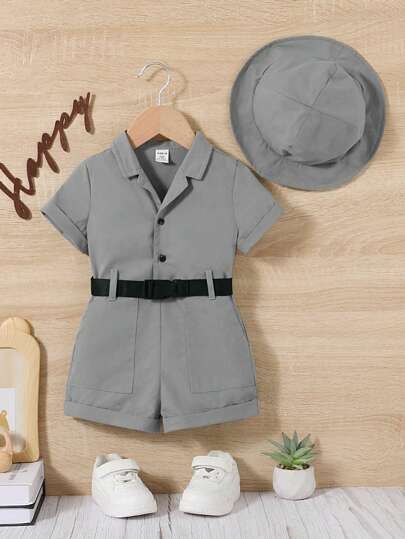 SHEIN Conjunto De 2 Piezas Para Bebé, Mameluco De Manga Corta Con Cuello Para Niño Y Sombrero A Juego