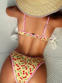 SHEIN Swim Ladies' Two-Piece Cherry Print Bikini Set For Summer Beach Vacations, Bikini Set Outfit Bathing Suit - Multicolor - View 2