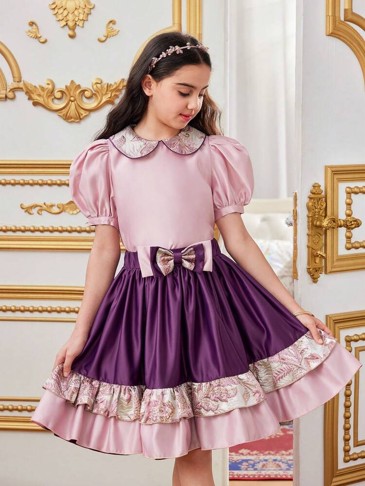Tween Girl Jacquard Turn-Down Collar Puff Sleeve Shirt And Colorblock A-Line Skirt Two-Piece Set
